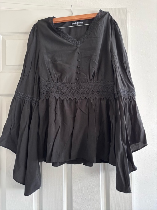 Scarlet Darkness Tops - Black Lace-Trim V-Neck Peasant Tunic - Women